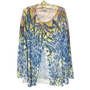 Alberto Makali Cardigan L Semi Sheer Single Button Artsy Colorful Cover Up Shawl